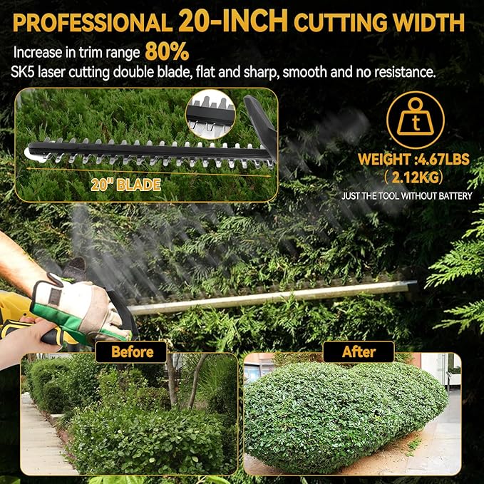 JOJOCY Cordless Hedge Trimmer, 20" Brushless Shrub Trimmer with 3-Speed Settings, Dual-Action SK5 Blade, Safety Lock, Tool Only (for DeWalt)