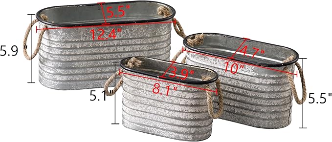 SOFE Rustic Galvanized Tub Small Oval Planter Set of 3, Planters for Indoor Plants, Metal Bucket with Rope Handles, Farmhouse Indoor Plant Pot Home Decor for Outdoor Garden