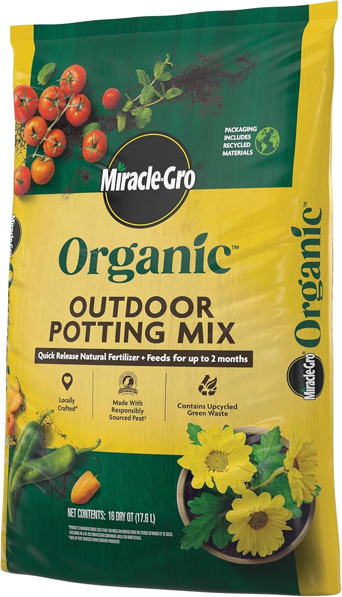 Miracle-GRO Organic Outdoor Potting Mix, for Outdoor Container Plants, Contains Quick-Release Natural Fertilizer, OMRI Listed, 16 qt., 2-Pack