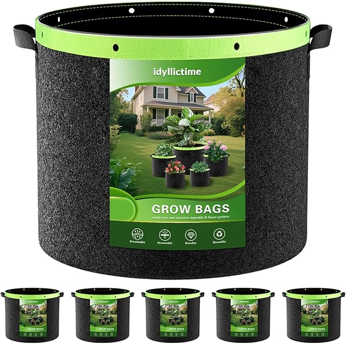 Grow Bags 6 Pack 2MM 400G More Heavy Duty Thickened Nonwoven Garden Plant Fabric Pots (Black, 5 Gallon)