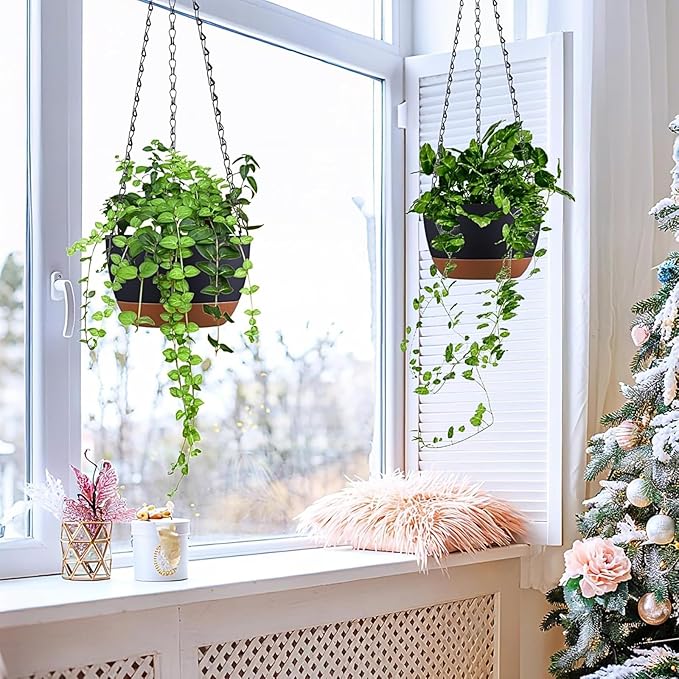 Hanging Planters for Indoor Plants, Set of 2 8/10 Inch Self-Watering Hanging Pots with Drainage Hole & Removable Water-Storage Tray II Screw-in Hooks II