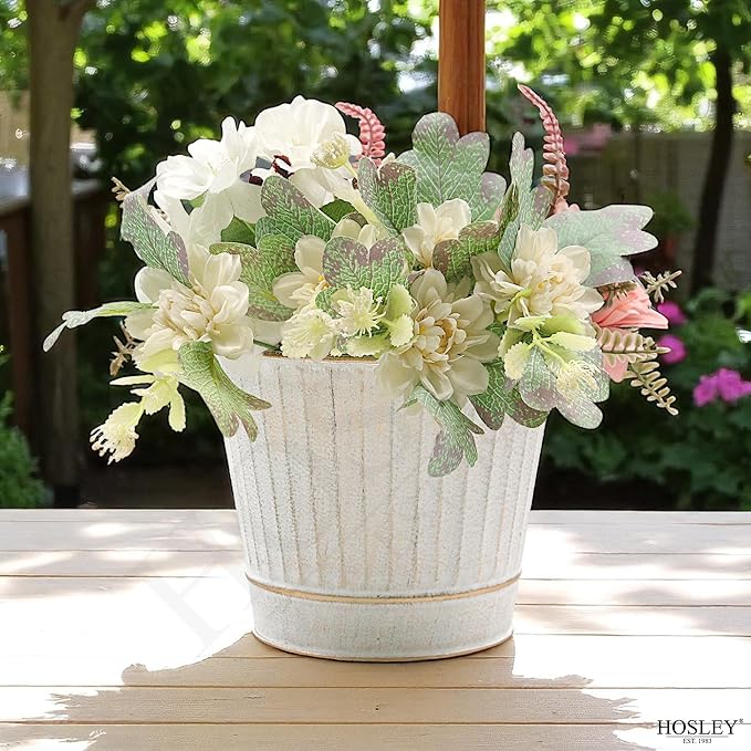 Hosley Metal Planters 7" Dia x 6" H Ideal Farmhouse Decor for Floral Arrangements Weddings, Gift Special Events Parties Outdoor Planters White wash