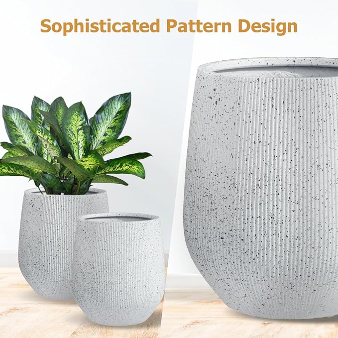 16.5" H x 15" D Ribbed Corso Fiberstone Round Tapered Planter with Drainage Hole, Weather Resistant, Included 2 Extra Coco Mats (Ribbed Speckled White, 11.5" Pot Opening)