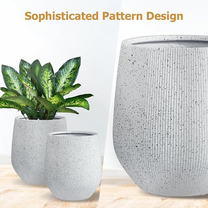 21"H x 19"D Ribbed Corso Fiberstone Round Tapered Planter with Drainage Hole, Weather Resistant for Indoor & Outdoor Use, Included 2 Extra Coco Mats (Ribbed Speckled White, 15" Pot Opening)