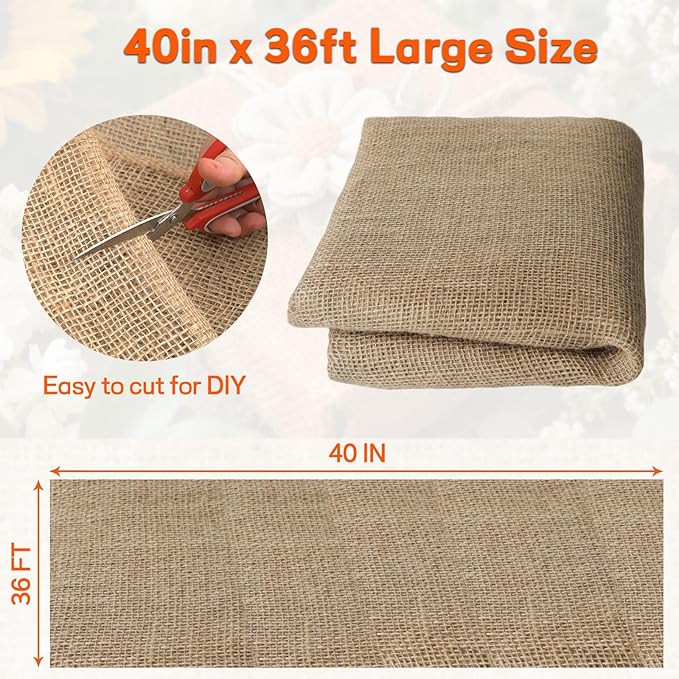 Burlap Fabrics Roll Natural Jute Burlap Garden Tree Wrap Outdoor Weed Barrier DIY Fall Halloween Craft Winter Frost Plant Landscape Blankets Cloth for Plant Gardening Shrubs (40in*36ft)