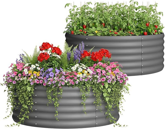 DDK Galvanized Raised Garden Bed, Round Outdoor Planter Bed, 4x4x1.5ft Metal Planter Box for Gardening and Planting,2Pack,DG