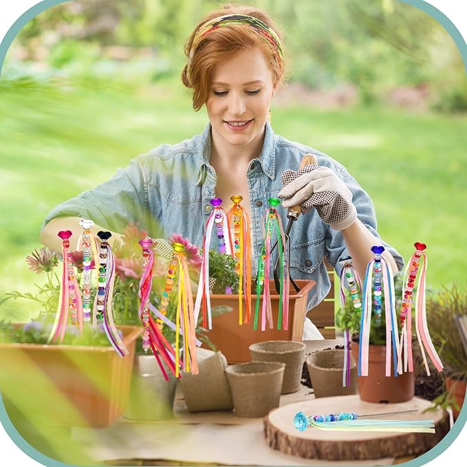 Tigeen 236 Pcs Garden Stake DIY Fairy Wand Plant Stake with 12 Colorful Crystal Stopper Top 12 Threaded Rod with 200 Large Hole Bead for Spring Summer Holiday Outdoor Decorations(Colorful Ribbons)