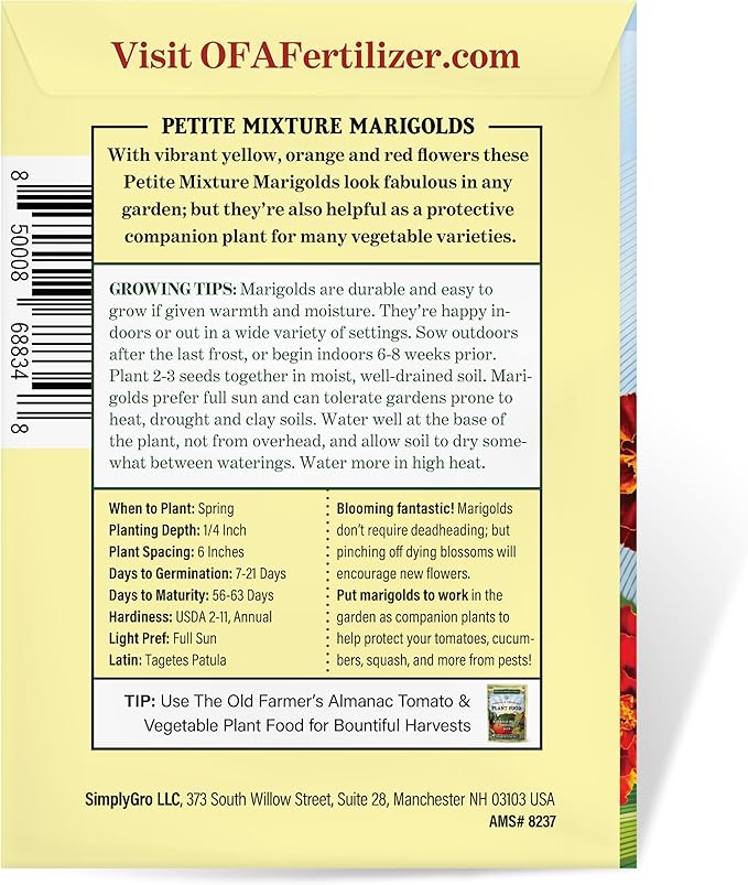 The Old Farmer's Almanac Petite Mixture Marigold Seeds - Premium Non-GMO, Open Pollinated, USA Origin (5 Packets, 5 Grams, Approx 1000 Seeds)