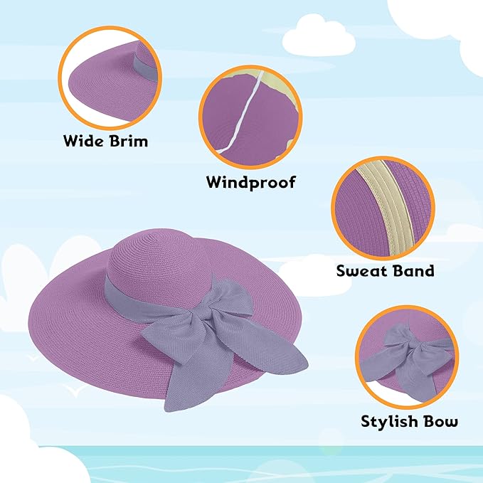 Women's Wide Brim UPF 50+ Straw Sun Hat with Bow - Foldable Packable Summer Beach Hat with Chin Strap