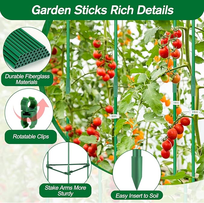 123PCS Garden Stakes Set with 36PCS 16 Inch Fiberglass Plant Sticks and Stake Arms, DIY 4ft 5ft 6ft 7ft 8ft Tomato Stakes, Garden Stakes for Vegetables Tomato Pepper Indoor Outdoor Plants