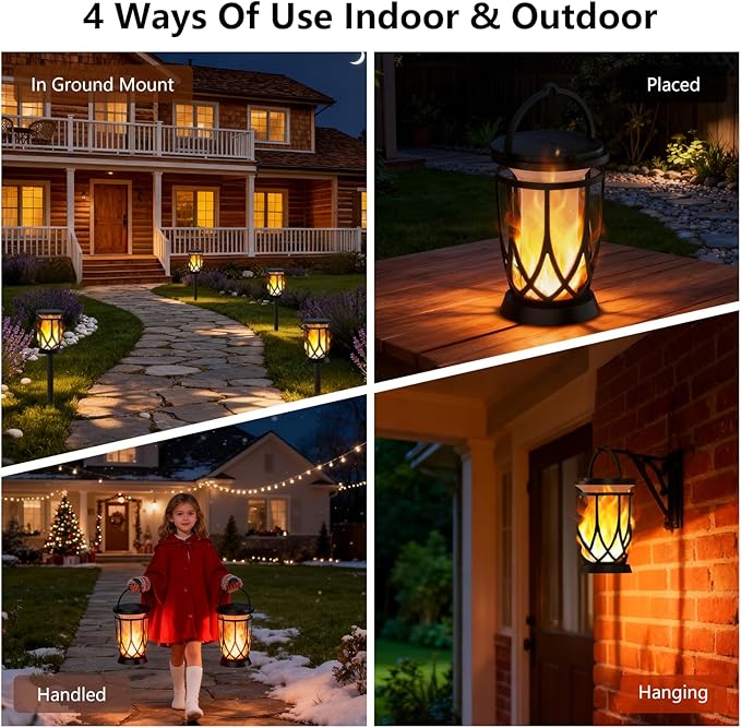 Solar Lanterns Outdoor Waterproof ,2 Pack Flickering Solar Flame Lights Upgraded Hanging Flame Lantern Pathway Torch Light Table Lamp, Auto On/ Off Porch Yard Gifts(2 Lighting Modes)