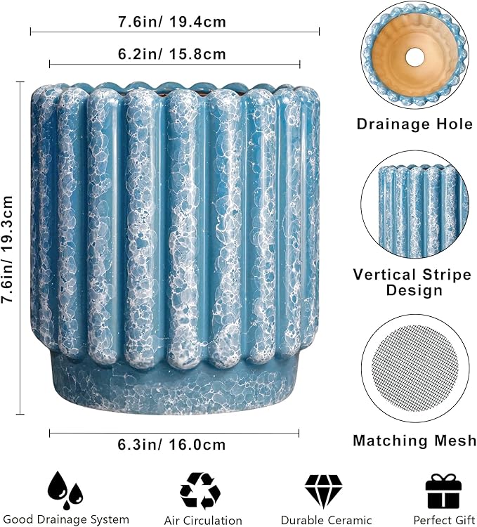Ceramic Planter - 7.6 Inch Ceramic Plant Pots with Drainage Hole, Decorative Flower Pots for Indoor Outdoor, Fluted Round Planter, Room Home Decor, Plant Lover Gifts for Women, Blue