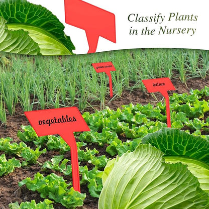 Marsui 202 Pcs Large Plant Labels Kit, Include 100 Outdoor Plastic Plant T Type Tags Waterproof Reusable Plant Markers Stakes, 100 PET Films and 2 Marker Pens for Herbs Pot (Red,11.8 Inch)