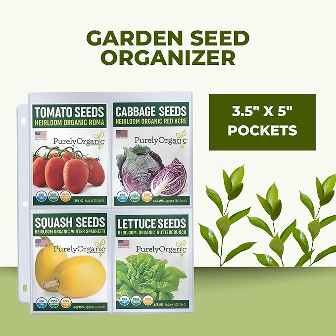 Performore 200 Pockets Seed Storage Organizer Sleeves (3.5" x 5.25") – top Loading 4 Pocket Garden Seed Organizer Fits Standard 3-Ring Binders – for Seed Packets, Coupons, Photos, and Cards – 25 Pack