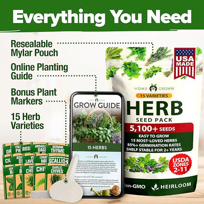 HOME GROWN Herb Seeds for Planting 15-Pack Massive Seed Count 5,100+ Seeds Non-GMO Heirloom | Extra Large | Culinary Herb Kit, Indoor Outdoor & Hydroponic | Grow Your Own Herbs | Gardening Gift