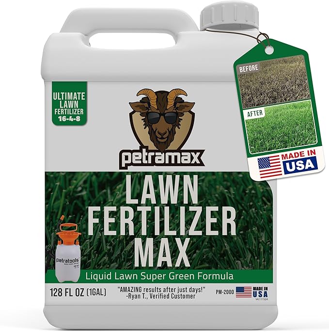 PetraMax Liquid Lawn Fertilizer for Lawns Concentrate - Liquid Fertilizer for Lawns, Food for Grass - 16-4-8 High Nitrogen Lush Green Grass, Phosphorus for Strong Roots - Apply Spring & Summer (1 Gal)