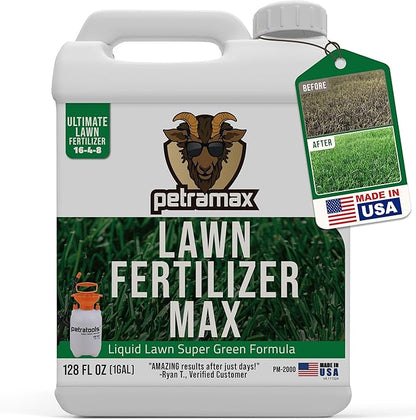 PetraMax Liquid Lawn Fertilizer for Lawns Concentrate - Liquid Fertilizer for Lawns, Food for Grass - 16-4-8 High Nitrogen Lush Green Grass, Phosphorus for Strong Roots - Apply Spring & Summer (1 Gal)
