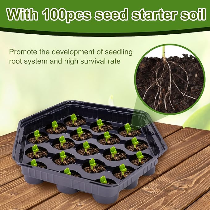 U0U 5 Pack Seed Starter Trays with 100pcs Peat Pellets,95-Cell Seed Starter Kit with Dome,Plant Starter Trays with 100pcs Seed Starter Soil,Reusable Greenhouse Plant Germination Tray (Black)