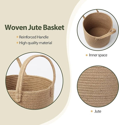 Round Wicker Basket with Handle, 11"x11" Woven Jute Plant Basket for 10" Pot, Indoor Boho Tree Planter, Decorative Flower Pot Cover, Rustic Holder for Plants and Decor, Shoe Bin for Entryway