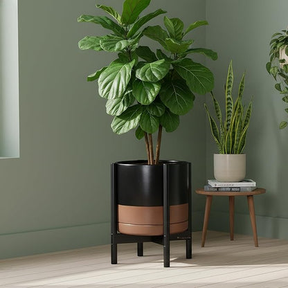 D'vine Dev Ceramic Planter with Ebony Stand - 12 Inch Modern Round Flower Pot with Wood Planter Holder, Black/Speckled Tan, 55-B-H-7