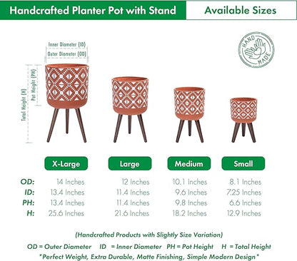 D'vine Dev 14 Inch Planter Pot with Stand, Mid-Century Tall Plant Pot with Legs for Indoor Plants, Pottery Red Terracotta/White, 88-G-D-5