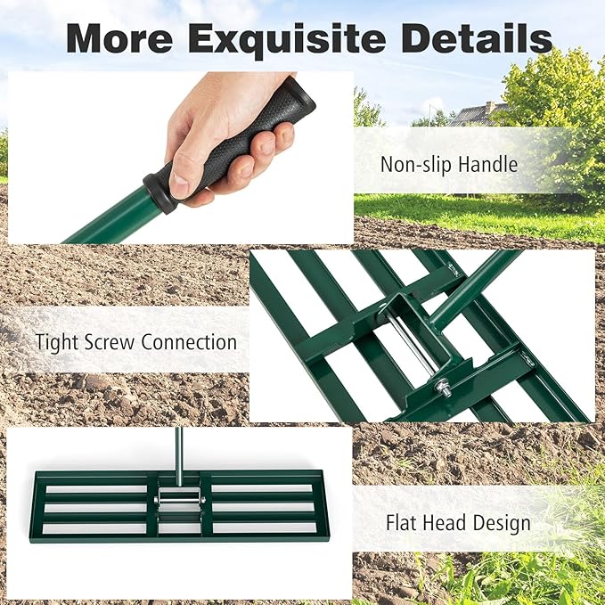 36" x 10" Lawn Leveling Rake, Heavy Duty Landscape Rake with 67" Handle, Non-Slip Grip & Flat Head, Space-Saving Lawn Level Tool for Garden, Backyard, Golf Course & Sports Field(Green)