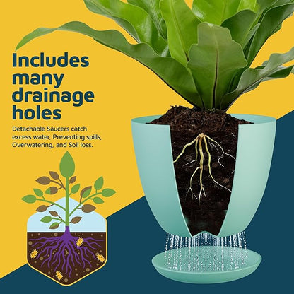 Aqua Plant Pots with Drainage Holes & Saucers 3 Pack, Indoor & Outdoor Stackable Space-Saving Planters for Houseplants & Flowers, (7", 6.7", and 6" Inches), Durable & Weatherproof Materials