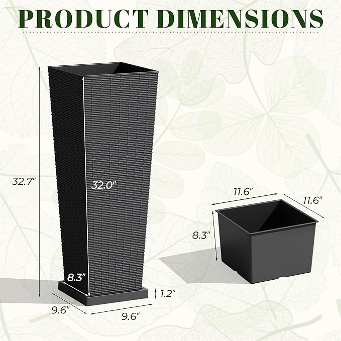 JUMMICO Set of 2 Resin Rattan Tall Planters for Outdoor Plants, Large Tapered Planters with Drainage Holes, Inner Trays and Outer Saucers, Flower Pots for Garden, Patio, Porch, Backyard (Black, 32")