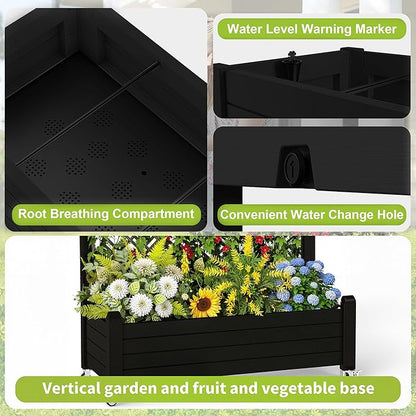 Raised Garden Bed with Trellis, 21 Gallon Self Watering Planter Box with Lockable Wheels & Drainage Holes for Climbing Plants Vegetables Flowers, Anti-Rust Resin for Backyard Patio (Black)