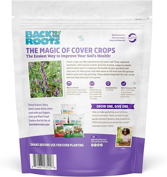 Back to The Roots 100% Organic Hairy Vetch Cover Crop Seeds, Covers ~1000 sq. ft.