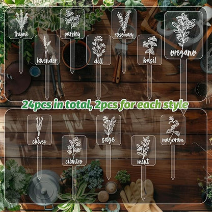 Whaline 24Pcs Acrylic Plant Label Signs 12 Styles Planted Herb Garden Markers Transparent Waterproof Plant Stake Tags with Herb Names for Nursery Indoor Outdoor Garden Decoration