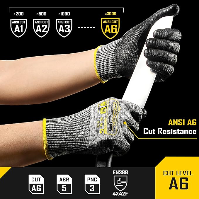 COOLJOB 12/120 Pairs Cut Resistant Safety Work Gloves with Grip, 13 Gauge Seamless Shell with PU Coating, ANSI A2 A4 A6, Gray