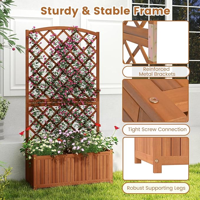 HAPPYGRILL Wooden Raised Garden Bed with Trellis, 63" Tall Planter Box with Trellis & Slat Bottom Base Vine Climbing Plants Flowers, Outdoor Freestanding Garden Box for Backyard Balcony (2)