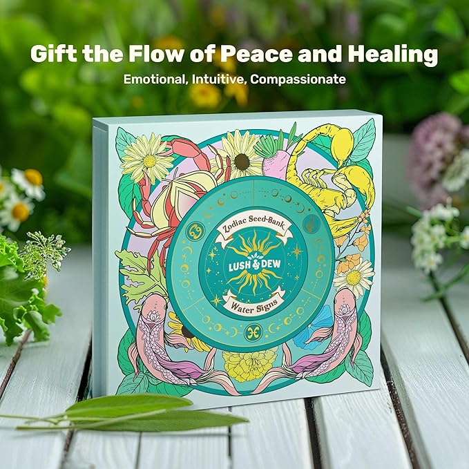 Lush&Dew Zodiac Garden Seed Bank, Gardening Gifts for Women Men, 12 Varieties Non-GMO Vegetables Herb Seeds in Seed Organizer, Magnetic Gift Box, Witchcraft Supplies with Moon Calendar (Water Signs)