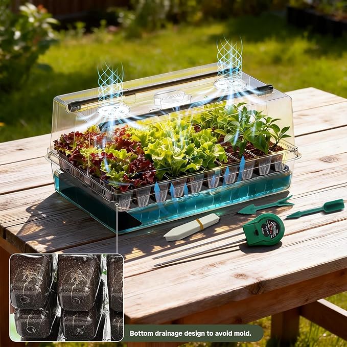 Self-Watering Seed Starter Tray with Grow Lights, 60 Cells Seed Starter Kit, Full Spectrum Grow Light for Seed Starting, Timing Set, Germination Tray Grow Kits with High Humidity Domes