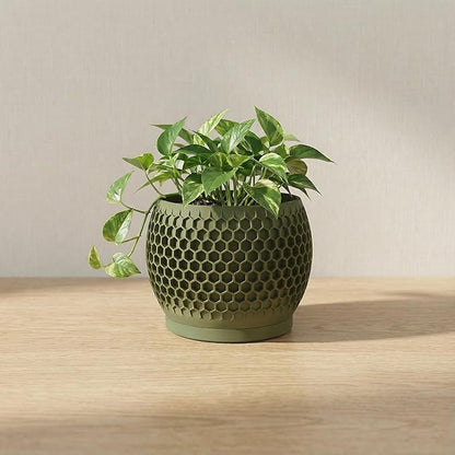 Plant Pots, Modern 3D Printed Honeycomb Planters for Indoor Plants, 4.7 Inch Military Green Decorative Flower Pot for Office Desktop, Bookshelf & Home Decor, Lightweight & Durable.