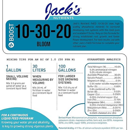 Jack's Classic Nutrients 10-30-20 Bloom Water-Soluble Fertilizer for Root Growth and Fruit Development in Continuous Liquid Feed Programs, 2.2Lbs