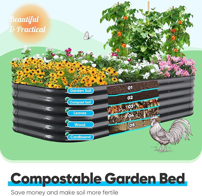 Quictent Galvanized Raised Garden Bed Kit, 6x3x1.5 ft Oval Metal Planter Box Tall for Vegetables Outdoor Backyard, Strengthened by Crossbar, Dark Gray