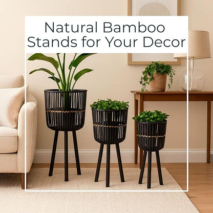 Decorative Bamboo Footed Planters for Home Decor - Garden Plant Pots for Indoor Living Room Decor or Outdoor Patio Areas - Flower Pots for Entryway and Backyard - Set of 3, 27", 23", 19", Black