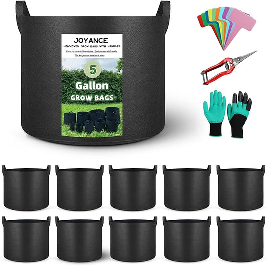 10-Pack 5 Gallon Grow Bags, Heavy Duty 300G Thickened Non-Woven Fabric Grow Bags, Ventilated Plant Pots with Reinforced Handies