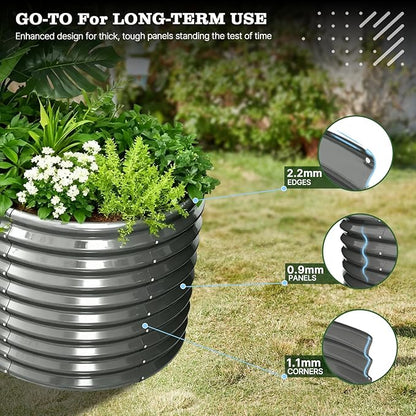 A ANLEOLIFE 6-Piece 30 Inch Extra Tall Galvanized Raised Garden Beds Kit, Large Oval & Round Metal Planters – Ideal for Backyard Vegetables Flowers Herbs, Quartz Grey