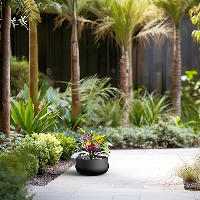 Kante 11.8" Dia Round Concrete Planter, Cement Plant Pots with Drainage Hole and Rubber Plug for Outdoor Indoor Garden Home, Modern Curvaceous Design, Black