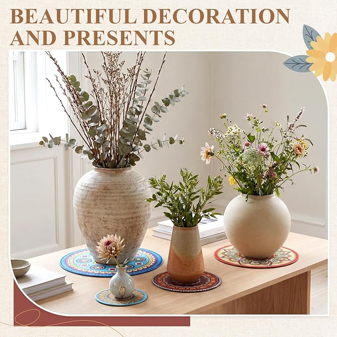 Nuanchu 8 Pieces Boho Plant Pot Mat 4 Size 3.94" 5.9" 7.87" 9.84" Rubber Absorbent Non Slip Pot House Indoor Plant Coasters Round Pad Gardening Outdoor Flower Protect Mat for Table Desk Floor
