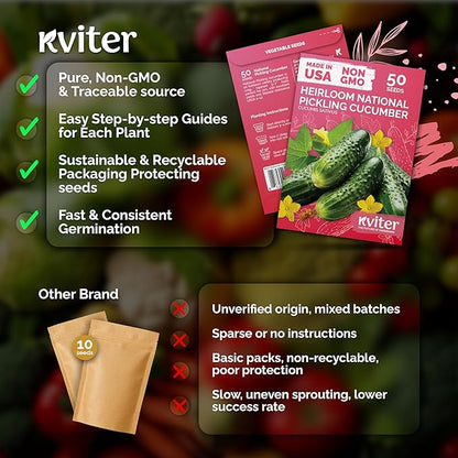 KVITER 50 National Pickling Cucumber Seeds for Planting (Cucumis sativus) - Heirloom Pickling Cucumbers Seed Packets, Non GMO Cucumber Organic - Vegetable Seeds for Home Garden & Containers