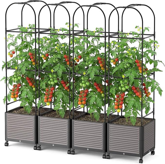 DoCred 60" H Raised Garden Bed Planter Box with Wheels, 4 Pack Tomato Cage Planter Raised Garden Bed with Trellis for Climbing Vegetables Plants Tomato Cage, Indoor Outdoor Use