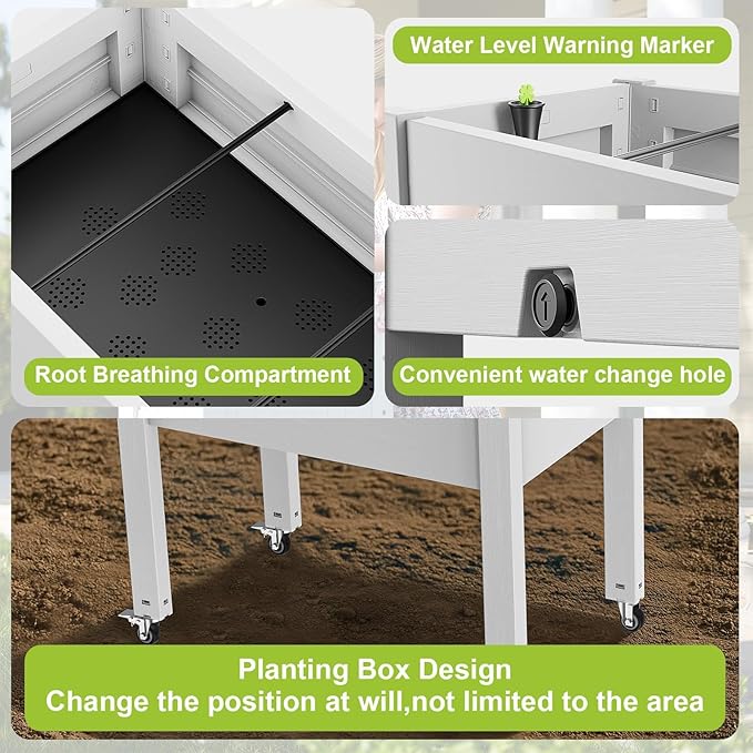 Raised Garden Bed with Legs, 28.9" Tall Elevated Garden Bed with Wheels, Drain Plug & Water Monitor Design, Outdoor Planter Box for Plants Vegetables Flowers Fruits(Ashen)