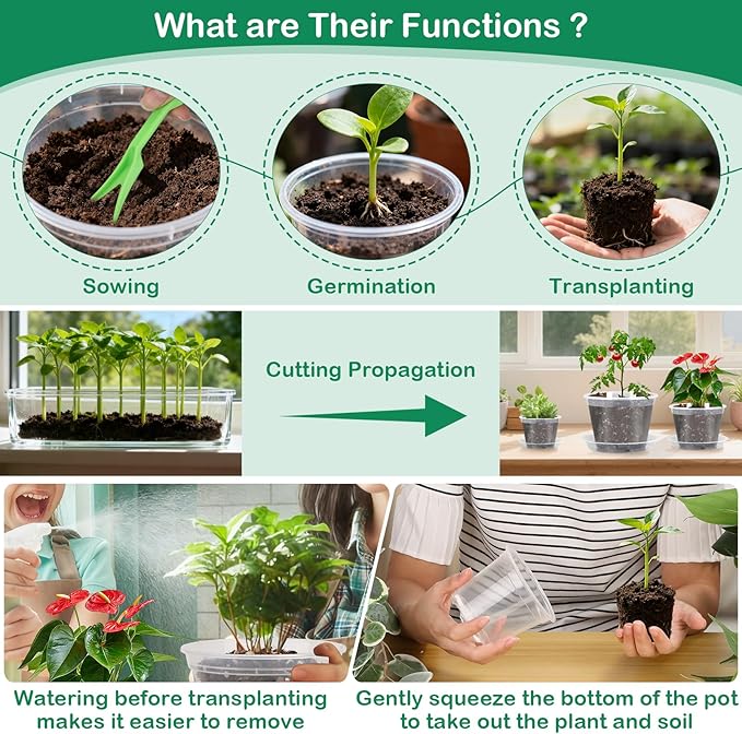30Pcs Clear Plastic Nursery Pots with Drainage Holes and Saucers, 2.8/3.1/3.5/3.9/5.1/5.9/7.1Inch Seedling Starter Pots with Tool for Indoor Outdoor Gardening Flower, Herb, Succulent Transplanting