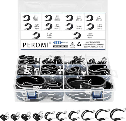 138PCS Double Cable Clamps Assortment Kit in 10 sizes 1/4" 5/16" 3/8" 1/2" 5/8" 3/4" 1" 1-1/4" 1-1/2 1-3/4 P Clamps, 304 Stainless Steel Rubber Cushioned Insulated Clamp Wire Loom Clips By PEROMI