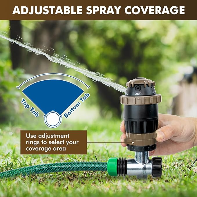 RESTMO Gear Drive Sprinkler with Metal Spike Base, 5-Pattern Heavy Duty Gardening Watering System, Multi-Adjustable Lawn Sprinkle for Garden Plant, Flower Bed and Large Yard Area Watering, Brown