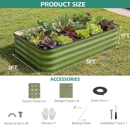 4 in 1Galvanized Raised Garden Bed - 5x3x1ft Modular Garden Planter Bed Outdoor | Steel Raised Bed Kit with Bracing Rods, Gloves for Gardening Vegetables Fruits and Flowers (Green)